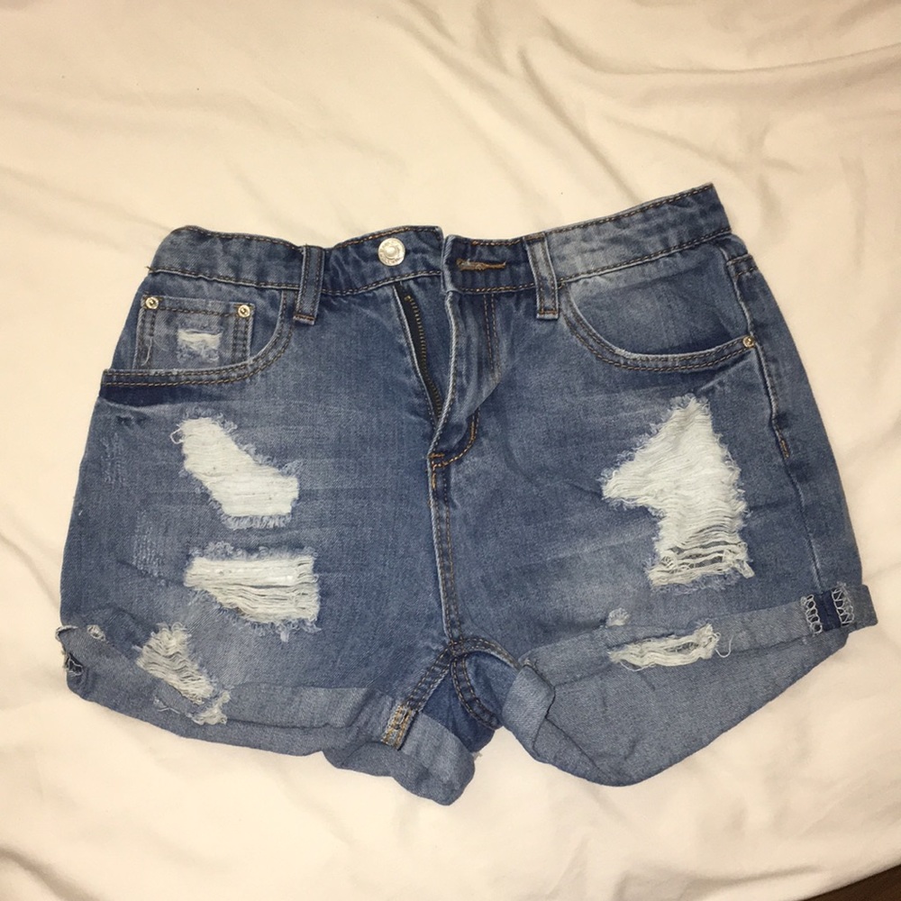 Bleach Washed Cuffed Distressed Denim Shorts